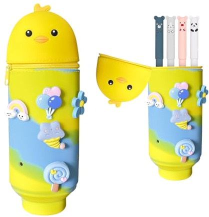 WYTNB 2-in-1 Weiche Silikon Tasche, Tier Silikon Stifthalter, Klappbarer Weicher Federmäppchen, Stand Up Federmäppchen mit Wischbarem Stift, Niedliche Stifte Mäppchen für Schule Büro (Gelb)