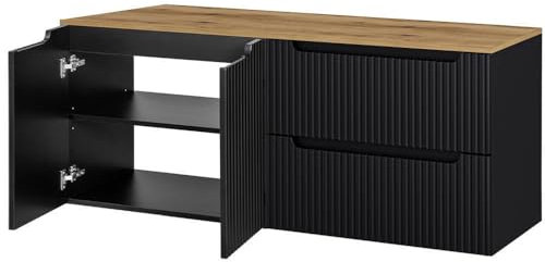 [en.casa] Waschtisch Skelbolu Waschbeckenunterschrank Badschrank mit 2 Türen und 2 Schubladen gerillt Waschtisch mit Unterschrank für Wandmontage 160 x 60 x 40 cm Schwarz/Eichenoptik