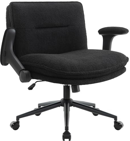 Kontorsstol med korslagda ben, hjul och uppfällbara armstöd, ergonomisk bred sits skrivbordsstol med tjock vadderad, höjdjusterbara korsbensstolar för hemmakontor, sovrum, lägenhet, sminkbord, svart