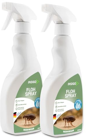 INSIGO Flohspray für Wohnung und Möbel 2x500ml - Abwehrspray gegen Flöhe mit Sofortschutz - Floh-Spray für Hunde und Katzen - Flohmittel hochwirksam & laborgeprüft