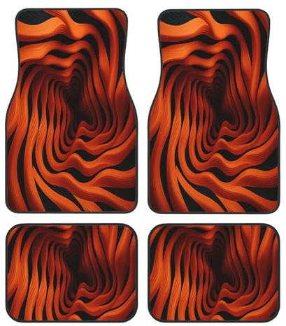 Mexpekil Universal Automatten Orange Schwarz Streifen Swirl Auto Fußmatten Set mit 4 rutschfesten Automobil-Teppichen Allwetter Fahrzeug vorne hinten Matten für SUV, Van, LKW, Innendekoration