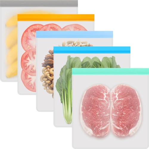 5Pcs Reusable Gallon Freezer Bags BPA Free 28 * 27cm Free Ziplock Bags Dishwasher Safe Food Storage Bag Silicone Leakproof & Airtight Food Storage For Keeping Lunch Sandwich Snacks Fruits Vegetable
