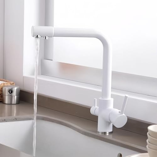 Tokenhigh 3 Way Kitchen Tap, 360°Swivel Water Filter Taps, 3 in 1 Kitchen Sink Tap with Drinking Filtered Water Outlet, Dual Lever Drinking Water Tap, Hot Cold Filter Taps (Pure White)
