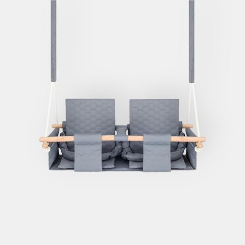 Nid Magique Indoor Outdoor Twin Swing – Double Secure Seat with Belts – Natural Wood – 9 to 4 Years – Load 30 kg – Light Grey