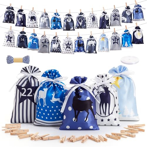 GUJOXILA Adventskalender zum Befüllen 24 Blau-Grau Weihnachtskalender Geschenk Stoff 2026 Adventskalender Säckchen Tüten Selber Befüllen für Kinder Frauen Männer Wiederverwendbar