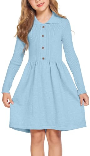Flypigs Robe tricotée pour Fille à Manches Longues Automne Hiver Robe Pull Col Rond Robe Patineuse Festive élégante Basique Robe décontractée, Bleu, 6-7 Ans, 116 122