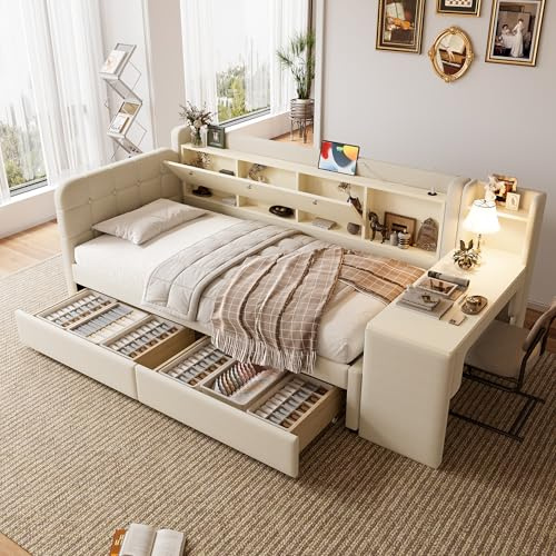 Ligterra Schlafsofa Kinderbett 90 * 200cm, Tagesbett mit Schreibtisch und USB + Typ C, Schlafsofa mit 2 Schubladen und Flip Top, Funktionsbett, Jugendbett mit Lattenrost, Ohne Matratze(Beige)