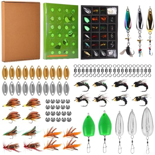 Juego de pesca con mosca de 24 piezas con plomos, giratorios, pesos de tiro dividido y para señuelos de trucha, diseñado con forro de EVA y múltiples compartimentos para accesorios de pesca
