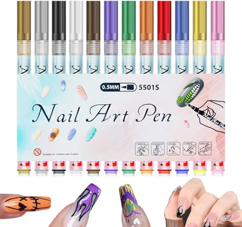 Penne portatili per nail design, 12 colori da 0,5 mm, per decorare unghie, manicure, decorazioni, disegni, tracciare, artigianato a casa, salone, feste, viaggi