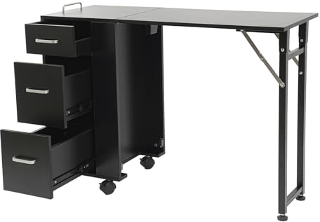 ROGONPDK Klappbarer Mobiler Manikürtisch mit Schublade, Nageltisch aus Holz, Rollbarer Nageltisch, Nagelfrisiertisch, Computertisch, Schminktisch, für Wohnzimmer, Büros und Nagelstudios (Schwarz)