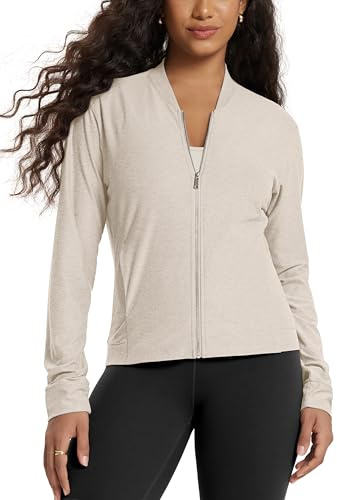 ODODOS Women's Performance Full Zip Track Jacket, Ultra Soft odSTRATUM Tech, UPF 50+ Stand Collar Athletic Top with Pockets, Ecru Heather, Medium