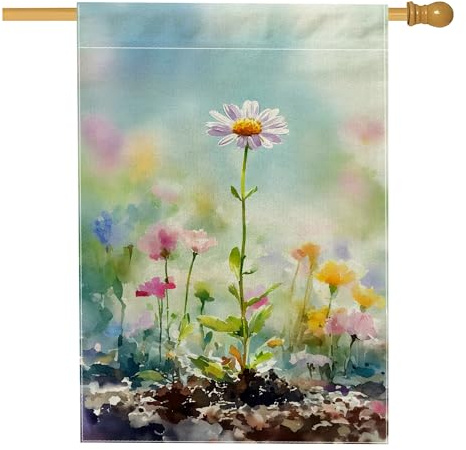 Bandiera per casa con crisantemo, fiori floreali ad acquerello verde primavera verde doppia faccia in iuta bandiere decorative per portico anteriore per esterni, prato, cortile, patio, ingresso 71 x