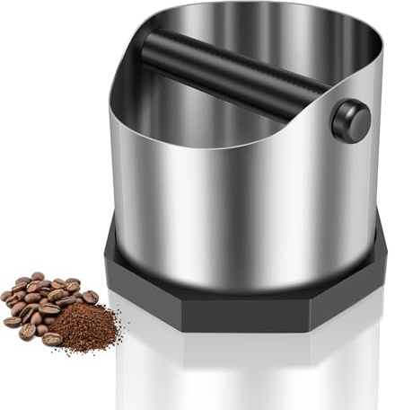 Abklopfbehälter Siebträger,Knock Box mit Abnehmbarer Abklopfskeule Espresso Klopfbox Barista Stil mit Rutschfester Basis Silber