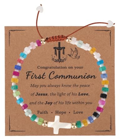 Mikovivi Bracciale per la Prima Comunione con Biglietto, Braccialetto con Croce Ispiratrice Gioielli Religiosi Regolabili per Bambine e Ragazzi Regali la Prima Comunione Battesimo Cresima