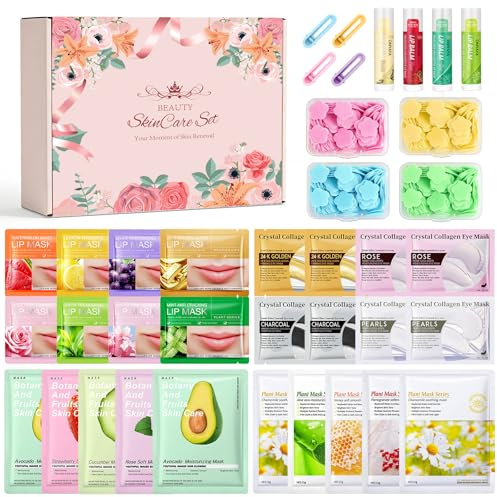 Set regalo di 38 maschere viso in tessuto per donne, set di maschere viso con cuscinetti per gli occhi, balsamo labbra, maschera labbra, saponette, fermaglio per capelli, set di bellezza per ragazze