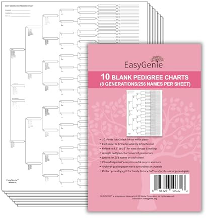10 Blank Pedigree Charts for Genealogists (8 generations/256 names per form) by EasyGenie