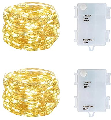 Set of 2 Battery Operated Mini Led Fairy Light Dewdrop Lights with Timer 6 Hours on/18 Hours Off for Wedding Centerpiece Halloween Christmas Party Decorations,50 LEDs,18 Feet Silver Wire (Warm White)