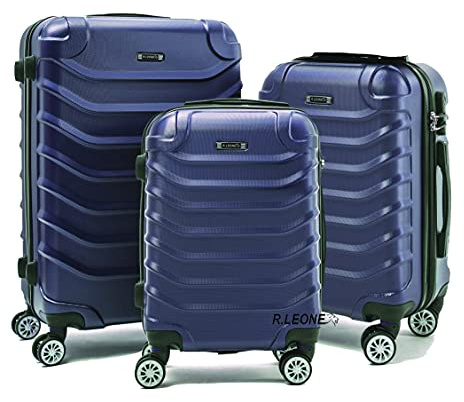 R.Leone Valigia da 1 pezzo Fino a Set 4 Trolley Rigido grande, medio, bagaglio a mano e beauty case 8 ruote in ABS 2026 (Blu, Set 3 S M L)