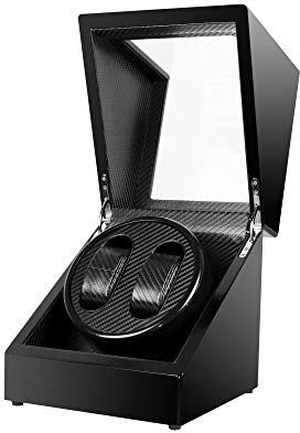 Kalawen Automatik Uhrenbeweger für 2 Uhren Automatikuhren Watch Winder Mute für 2 Uhren Luxuriöser Automatische Uhrendreher Holz Aufbewahrung Uhrenvitrine mit Batteriebetrieb oder Netztei Schwarz