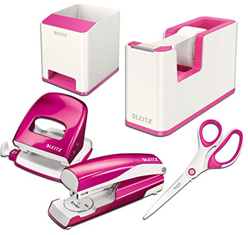 Leitz Wow Schreibtisch Accessoires 5 - teiliges Tischset inkl. Heftgerät, Locher, Tischabroller, Schere und Stifteköcher (pink-metallic, Tischset)