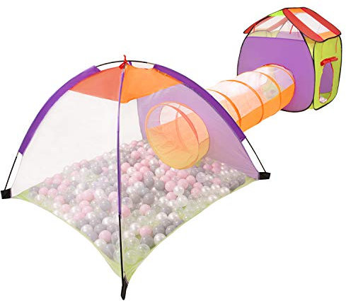 SELONIS 3In1 Spielzelt Mit Tunnel Spielplatz Popup Bällebad Mit 100 Bälle Für Kinder, Mehrfarbig:Perle/Grau/Transparent/Puderrosa