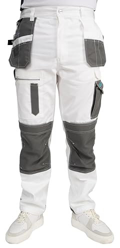 Axus Decor S-Tex Painter's Trousers for Men's– Triple-Stitched, Shrink-Resistant & Comfortable Fabric White Cargo Work Pants with Multiple Pockets for Painters & Workwear, Regular Leg (32 / 81cm)