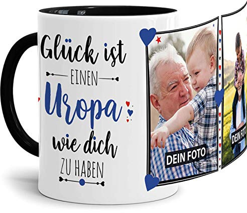 Tassendruck Fototasse mit Spruch für Uropa - Glück ist, jemanden wie Dich zu haben - zum Selbst gestalten mit 2 Fotos, Innen & Henkel Schwarz, 300 ml