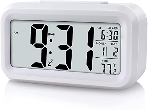 TOSSPER Sveglia digitale con display a LED, orologio per bambini, orologio da comodino con luce notturna, orologio a batteria con data, calendario, temperatura, per casa, ufficio, viaggi (bianco)