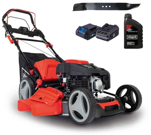 Scheppach Benzin Rasenmäher MS225-53E mit E-Start | Radantrieb | 6PS | 53 cm Schnittbreite | 7-fache Höhenverstellung | 65 Liter Fangkorb | Mulchfunktion | Reinigungsfunktion | inkl. Öl & Ersatzmesser
