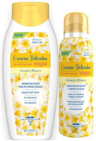 Vagisil Multipack Esencias Delicadas, Gel Para Higiene Íntima Diaria Mujer, Jazmín Blanco 250 ml y Desodorante Íntimo Para Mujer Jazmín Blanco 125 ml