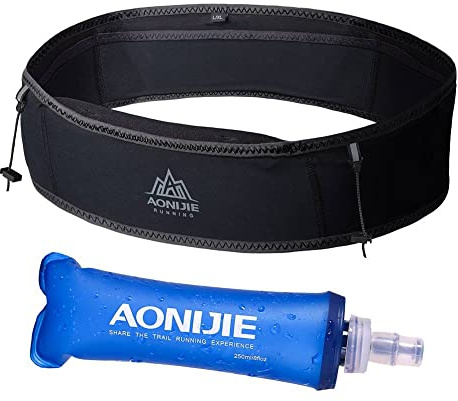 AONIJIE Running Belt Fanny Pack with 250ml Soft Water Bottle Flask for Women Men, Moisture Wicking Waist Pack Great for Marathon Climbing Jogging Cycling, for 6.8in Mobile Phone (Full Black: S/M)