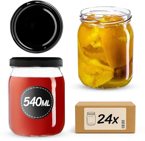 KADAX Syltburkar 540 ml, konserveringsburkar med skruvlock, glas med skruvlock, konserveringsburkar, förvaringsburkar för insättning av gurkor (24 stycken, svart)