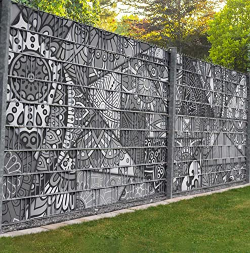 MyMaxxi Zaunsichtschutz - Buntglasfenster schwarz weiss - Sichtschutzstreifen für Doppelstabmattenzaun - Windschutz Sonnenschutz Blickdicht - Sichtschutz Garten Teil1 - 9 Streifen - 250x180cm