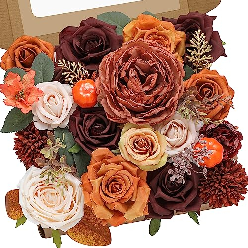 Serwalin Konstgjorda höstblommor, orange vinröd siden falska rosblommor, höst bröllop blommor tårta blomma för gör-det-själv dekoration halloween Thanksgiving Day blomsterarrangemang baby shower