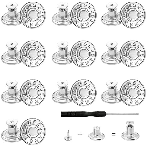 ZELHYEUU 10 Pcs Silver Metal Jean Button Pins, 17mm No Sew, Reusable, Easy to Use, Widely Use, Adjustable, Removable, with Screwdriver