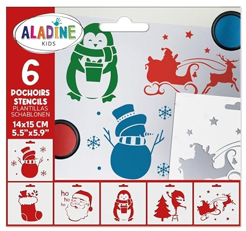 Aladine - 6 Schablonen für Kinder Weihnachten – 15 x 12,5 cm – für Dekoration aller Oberflächen – Schablone aus Filz, Malerei, Airbrush – Zeichnung A4