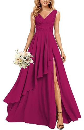 KURFACE Vestido de fiesta de boda con abertura, cuello en V, vestidos de dama de honor de gasa para mujer con bolsillos, fucsia, 48