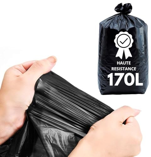 Bolsa de basura gruesa 170l | Caja de 50 bolsas negras ultra resistentes | Grosor 55 micras | Residuos Pesados, Jardín, Papeles, Alimentos | Talleres - Oficinas - Particulares