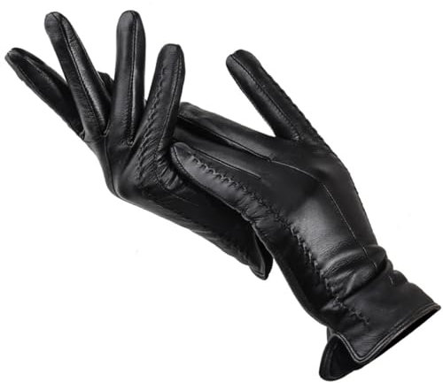 Dninmim Damen Weiße Lederhandschuhe Weiß Kurz Bequem Warm Futter Handschuhe, Schwarz , 8