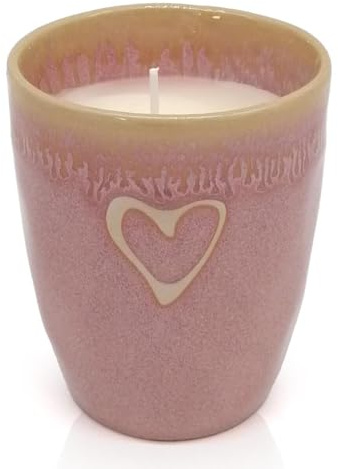 Mea-Living STONEWARE Kerze im Becher rosa Herz, handgemachtes Steingut, 280 ml, wunderschönes Geschirr mit Kerze