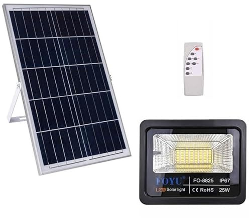 Foco LED exterior 60 W con panel solar luz blanca 6500K ultrabrillante lámpara foco con mando a distancia función temporizador y sensor crepuscular focos ahorro energético FOYU (25W)