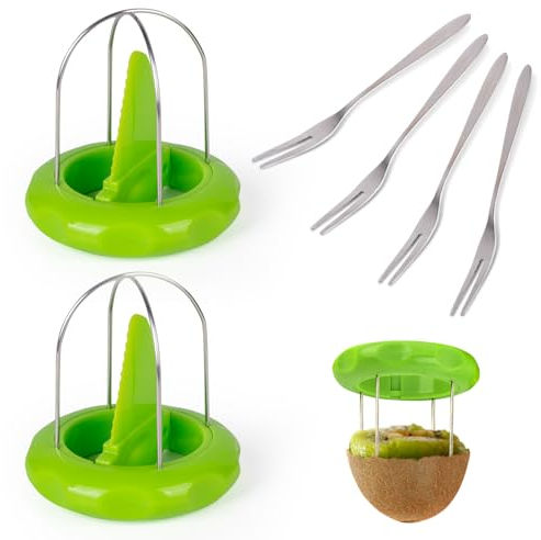 Tycoonest 2 Pcs Kiwi Cutter Set, 2-in-1 Fruit Peeler & Slicer Tools with 4 Stainless Steel Forks, Small Kitchen Gadgets for Kiwi Pitaya Dragon Fruit Green