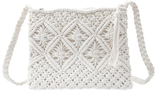 DAWRIS White Handmade Crochet Handbag, Small Straw Clutch Beach Shoulder Bag, Holiday Messenger Cross Body Bag for Women, Mobile Phone Wallet With Zipper