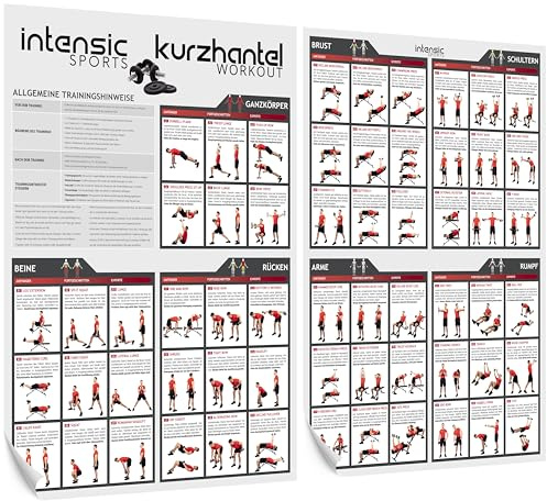intensic SPORTS Kurzhantel Workout Poster Set | 60 Fitness-Übungen für Hantel-training Muskelaufbau Motivation Homeworkout Fitnessraum Fitness-training zuhause Trainingsplan Dumbbell Sport-poster