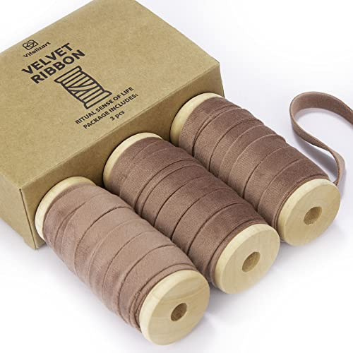 Vitalizart Rosa Samtband Set 0,95 cm x 13,7 m mit Hölzernen Spule | Geschenkband 3 Rollen x 4,57 m für Weihnachten Kranz Dekoration Handgemachte Handwerk Ornamente & Geschenkverpackungen