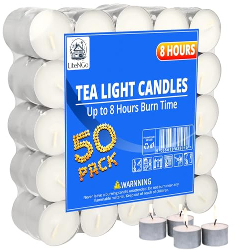 8 Hour Long Burning White Tea Lights - Pack of 50, Premium Quality Unscented Tealight Candles, Ideal for Weddings, Parties, Home Decor, Meditation and Emergency Use