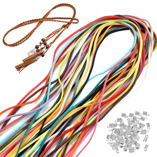 20 Stück Lederschnur 1m, 20 Farben Lederband 3mm mit 100 Zubehörteilen | Faux Wildleder Schnur, Wildlederband, Lederbänder für Herstellung von Ketten, Schmuck, Halsketten, Armbändern, Kunsthandwerk