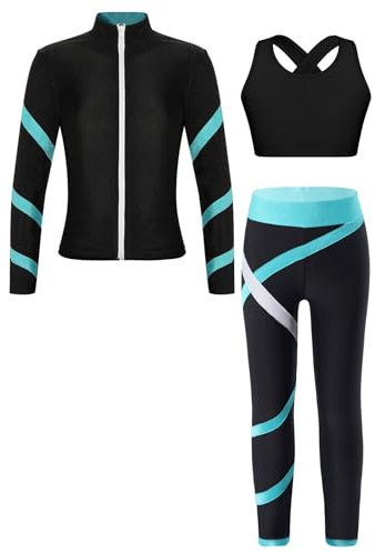 Miutii Kinder Mädchen Trainingsanzug Sport Set Sweatjacke + Sport BH Tops + Leggings Hose Yoga Gym Eislaufen Jogginganzug Sportanzug Blau Grün 134-140