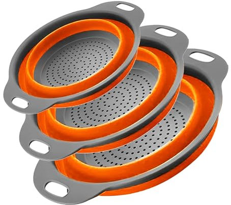 Surwin Collapsible Colanders, 3 Pcs Silicone Colander Foldable Filter Drain Baskets Kitchen Strainer for Draining Pasta Fruits Vegetable Colanders (Orange)