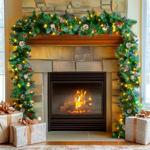 9FT/2.7M Christmas Garland with Lights,Indoor&Outdoor Decorations Artificial Xmas Garland for Stairs Fireplace Front Door Porch Mantel Holiday New Year Winter Railings Garden Gate Home Decor